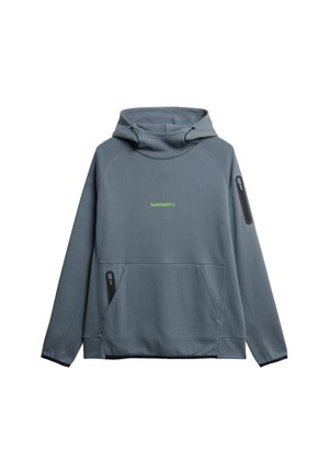 Grijze hoodie met een hoge nek, voorzien van een voorzak, zijzak met rits en het "SUPERDRY"-logo in het groen. Soepele stof textuur.