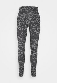 Leggings a vita alta in un motivo camouflage nero e grigio testurizzato, realizzati in materiale elastico, con una finitura liscia e design a lunghezza completa.