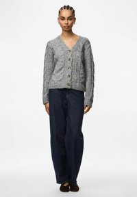 Pelēka šķērsota adījuma kardigāna ar V-veida kakla izgriezumu, priekšā ar sešām koka pogām. Nēsāta virs tumšām platām biksēm. Gluda virsma.