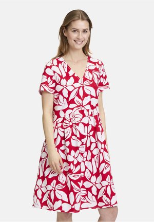 Rode jurk met witte bloemenprint, korte mouwen, V-hals, getailleerde taille, A-lijn vorm, zachte stofstructuur, kniehoogte.