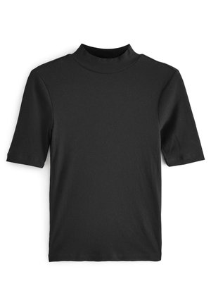 Black ribbed short-sleeve shirt with a mock neck collar, laid flat on a white background.