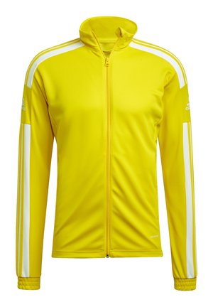 Jaskrawożółta rozpinana bluza sportowa z białymi paskami na ramionach i rękawach, wysokim kołnierzem oraz logotypami Adidas na obu górnych ramionach.