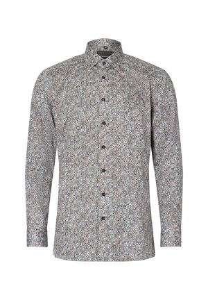 Long-sleeve button-up shirt in a multicolor floral pattern, featuring a standard collar and dark buttons on a light background.