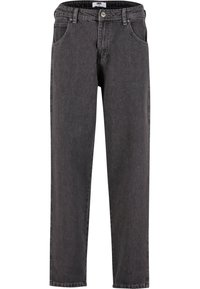Jean noir droit avec poches avant, passants de ceinture et fermeture par bouton, présenté sur fond blanc.