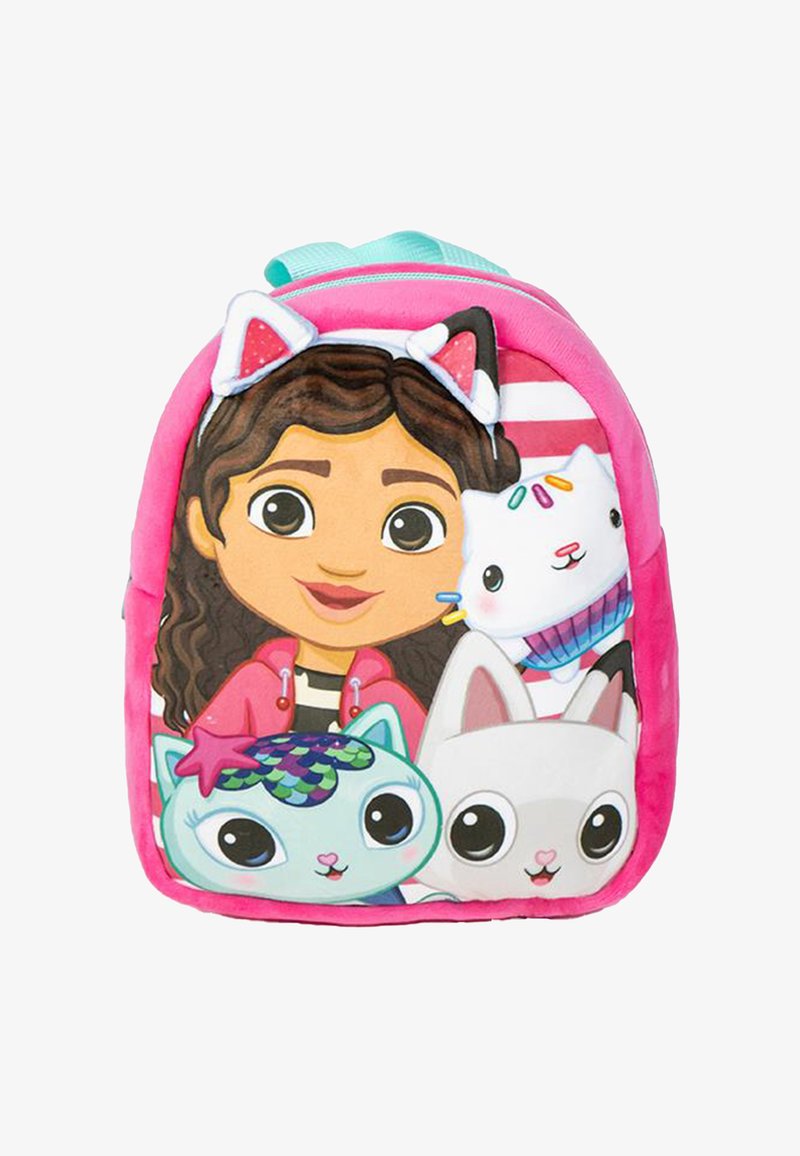 Roze stoffen rugzak met een cartoonfiguur met kattenoren, naast twee gestileerde katten. Inclusief kleurrijke, speelse ontwerpen en accenten.