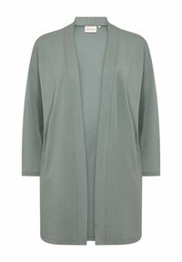 Cardigan stile kimono verde chiaro, realizzato in tessuto morbido. Presenta un'apertura frontale, maniche 3/4 e una vestibilità comoda senza bottoni o chiusura.