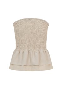 Haut beige sans bretelles avec corsage froncé et ourlet à volants superposés en tissu léger.