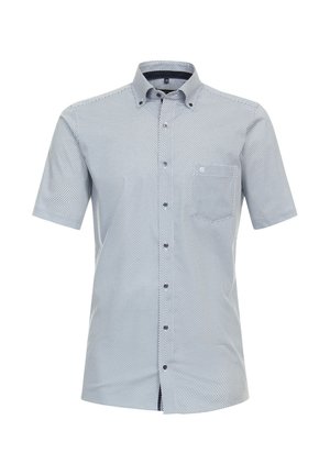Short-sleeve button-up shirt in light blue with a geometric pattern. Features a chest pocket and button-down collar. Made from soft fabric.