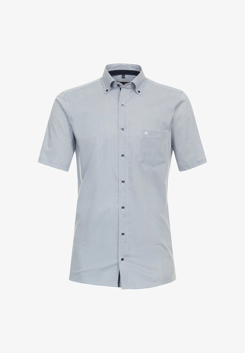 Kurzärmliges Hemd in Hellblau mit geometrischem Muster. Verfügt über eine Brusttasche und einen Button-Down-Kragen. Hergestellt aus weichem Stoff.