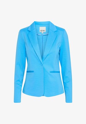 Heller blauer Blazer aus weichem Stoff. Verfügt über einen Reverskragen, einen einreihigen Knopfverschluss und zwei seitliche Taschen mit glatter Textur.