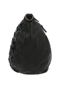 Black leather handbag with woven detailing on one side and a gold metal ring at the top for attaching a strap.