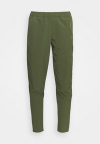 Olive green, lightweight pants with an elastic waistband, tapered legs, and side pockets. Smooth texture with minimal stitching details.