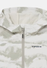 Hooded jacket in light gray with abstract pattern, featuring a front zipper and soft inner lining. Brand logo displayed on the chest.