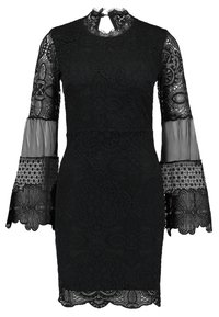 Robe en dentelle noire avec de longues manches transparentes en cloche, motifs floraux, col haut, ourlet festonné et détail en forme de trou de serrure dans le dos.