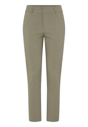 Pantalon fuselé kaki en tissu lisse, avec devant plat, cinq passants de ceinture, et poches latérales et arrière.