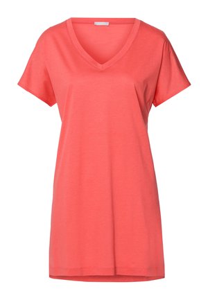 T-shirt corallo a maniche corte e scollatura a V. Realizzata in un tessuto morbido, presenta una vestibilità ampia e un orlo dritto. Nessun motivo o accentuazione.