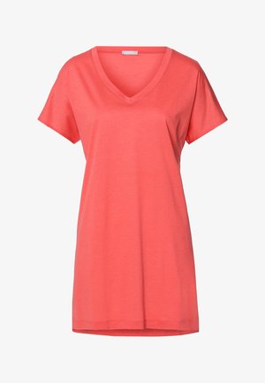 Koraalkleurig T-shirt met korte mouwen en een V-hals. Gemaakt van zachte stof, met een losse pasvorm en een rechte zoom. Geen patronen of accenten.