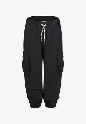 Pantaloni cargo neri in un tessuto morbido, dotati di una vita elastica, cordini regolabili e molteplici tasche laterali con polsini elasticizzati.