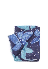 Sciarpa a fantasia floreale blu con sfondo blu navy, caratterizzata da pois bianchi. Il materiale ha una trama morbida e bordi sfrangiati.