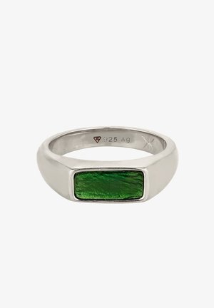 Sterlingsølv ring med en rektangulær grøn sten, med en glat overflade og poleret finish, mærket med "925 Ag" indvendigt.