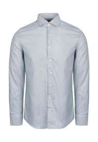 Lange mouwen shirt in lichtblauw met een subtiel ruitpatroon. Kenmerkt zich door een spread collar, knoopsluiting en klassieke manchetten. Gekleed pasvorm.