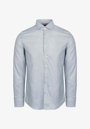 Lange mouwen shirt in lichtblauw met een subtiel ruitpatroon. Kenmerkt zich door een spread collar, knoopsluiting en klassieke manchetten. Gekleed pasvorm.