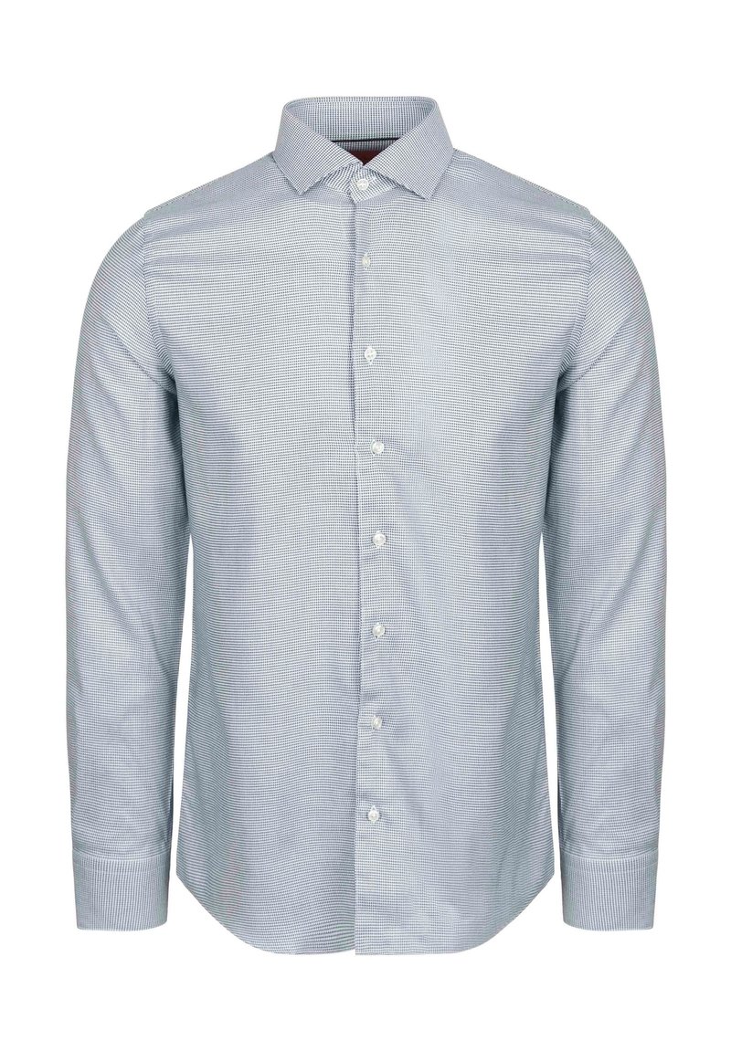 Lange mouwen shirt in lichtblauw met een subtiel ruitpatroon. Kenmerkt zich door een spread collar, knoopsluiting en klassieke manchetten. Gekleed pasvorm.