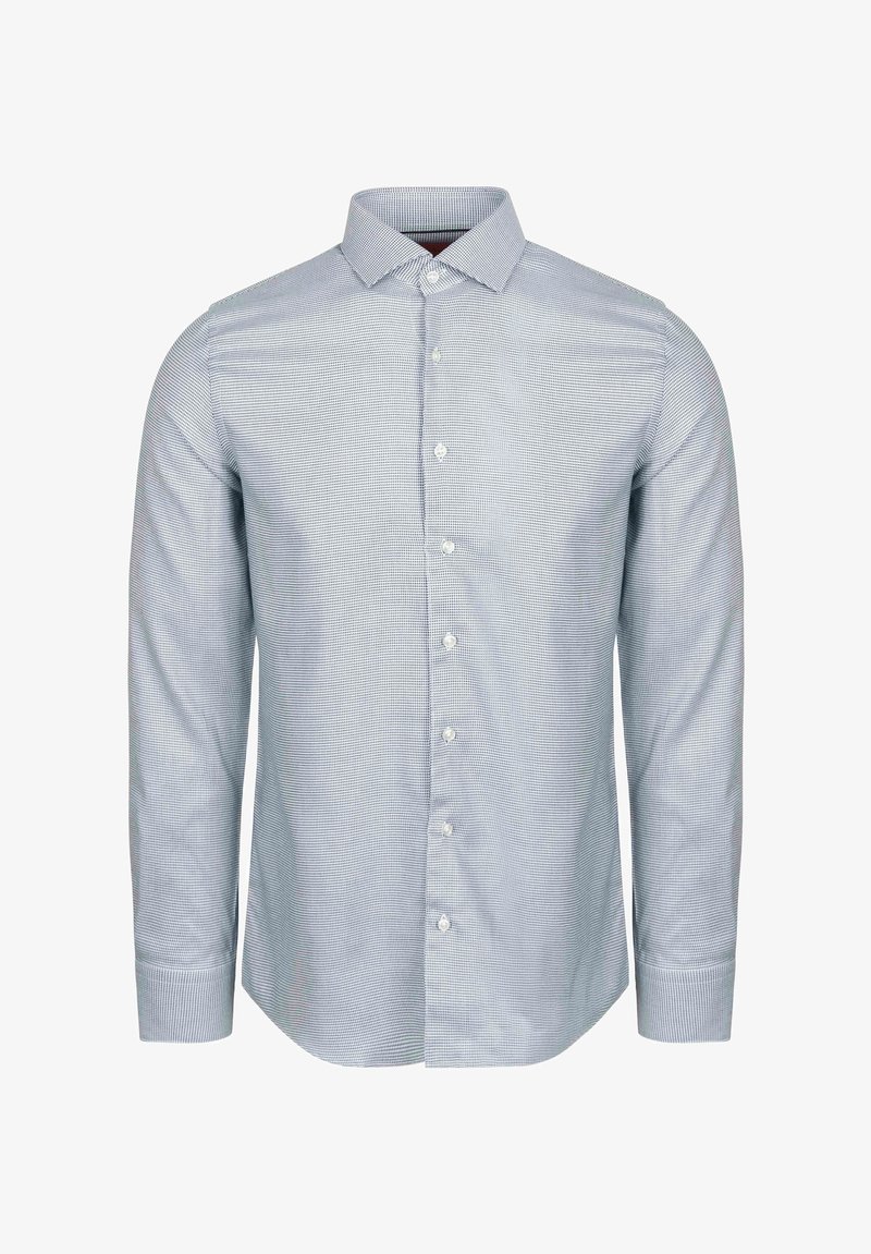 Langärmliges Hemd in Hellblau mit dezentem Karomuster. Verfügt über einen Kentkragen, eine Knopfleiste und klassische Manschetten. Taillierte Passform.