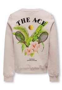 Sudadera rosa con un estampado botánico que incluye raquetas de tenis, flores y el texto "THE ACE" y "TENNIS ASSOCIATION" debajo.