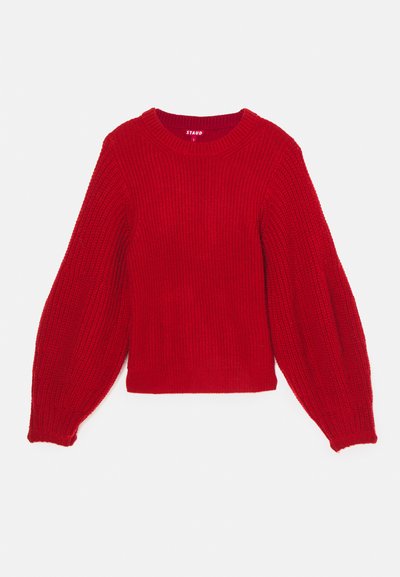 Maglione rosso lavorato a maglia con una texture a coste, collo rotondo e maniche a palloncino voluminose. Lunghezza corta con orlo a coste aderente.