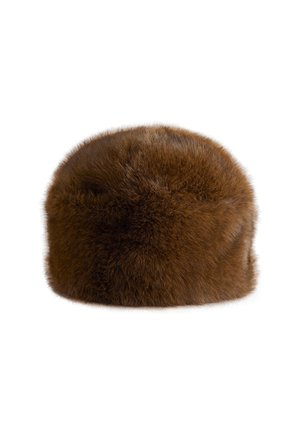 Brown fur hat with a rounded shape, soft texture, and even, dense fibers. Seam detail near the base adds structure to the design.