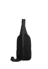 Borsa a tracolla nera con un'esterno in rete testurizzata, dotata di una grossa tracolla regolabile e di un compartimento con zip sul lato.