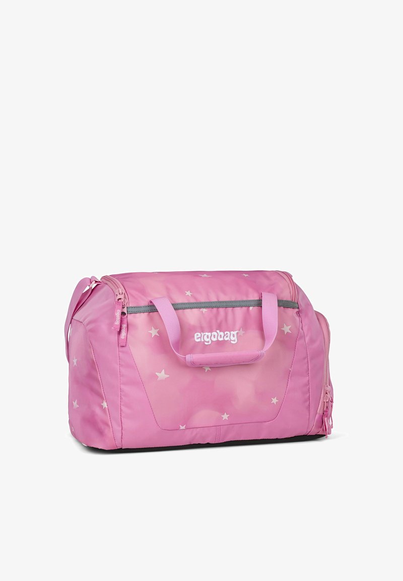 Rosa Sporttasche mit Sternmuster, Reißverschluss, kurzen Griffen und ergonomischem Design. Hergestellt aus strapazierfähigem Stoff mit glatter Textur.