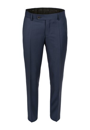 Marineblaue, maßgeschneiderte Hose mit glatter Textur, Frontknopfverschluss, Bügelfalten und geradem Bein.