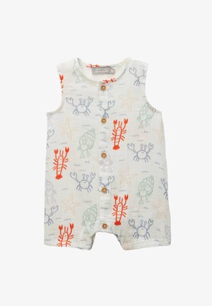 Combinaison à manches courtes en tissu léger avec un motif coloré de la vie marine comprenant des homards et des crabes, fermeture à boutons et encolure arrondie.