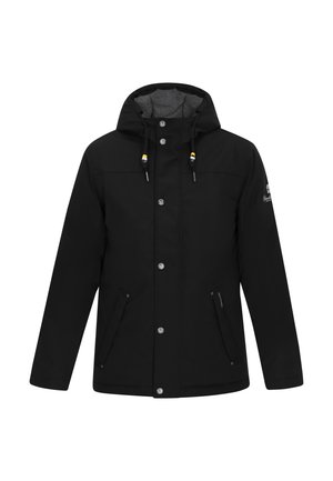 Giacca nera impermeabile con cappuccio, bottoni a pressione, due tasche laterali e stringhe di regolazione. Fodera interna morbida grigia nel cappuccio. Design semplice.