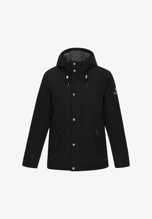 Sort vandtæt jakke med hætte, trykknapper, to sidelommer og snørebånd. Blød grå foring indvendigt i hætten. Enkel design.