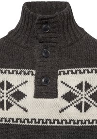 Dark gray knitted sweater with a high collar, three black buttons, and a white geometric pattern across the chest. Textured fabric.