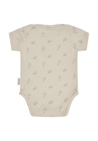 Cream-colored baby onesie with short sleeves and small, scattered beige floral print, shown from the back.