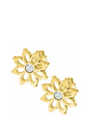 Gold flower-shaped stud earrings with eight petals, each featuring a clear round gemstone in the center.