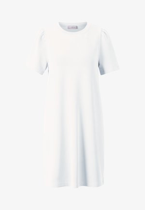 Abito bianco a maniche corte, realizzato in tessuto liscio, con scollatura rotonda e maniche leggermente a sbuffo, caratterizzato da una silhouette ampia a A.