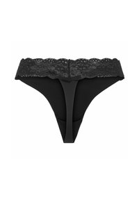 Tanga negra con cintura de encaje, tejido suave y cobertura mínima. Diseñada con un ajuste cómodo y bordes sin costuras.