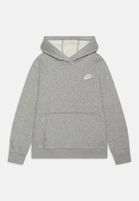 Sweatshirt à capuche gris avec une poche kangourou, des poignets côtelés et un logo Nike blanc sur la partie gauche de la poitrine. Tissu doux et texturé.