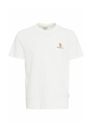 White cotton t-shirt featuring a round neckline and short sleeves. Embroidered logo in brown and black on the left chest area.