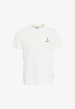 White cotton t-shirt featuring a round neckline and short sleeves. Embroidered logo in brown and black on the left chest area.
