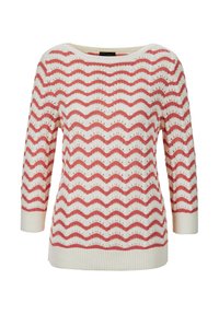 Strickpullover mit cremefarbenem Grund und rotem Wellenmuster, mit Dreiviertelärmeln sowie einem gerippten Halsausschnitt und Saum.