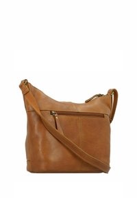 Borsa a spalla in pelle color tan con un design morbido, caratterizzata da una tasca frontale con zip e una tracolla regolabile. Texture liscia e dettagli minimalisti.