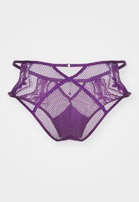 Violet nėriniai ir tinklelis su geometriniu raštu, su kryžminiais dirželiais ir maža dekoratyvine žiedu nugaros dalyje.