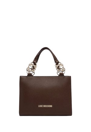 Borsa a mano in pelle marrone con texture, con doppi manici con anelli decorativi argentati e logo "LOVE MOSCHINO" in lettere dorate sulla parte anteriore.