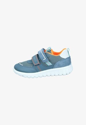 Blue athletic shoe with mesh and suede materials, featuring orange accents, Velcro straps, and a textured white rubber sole.